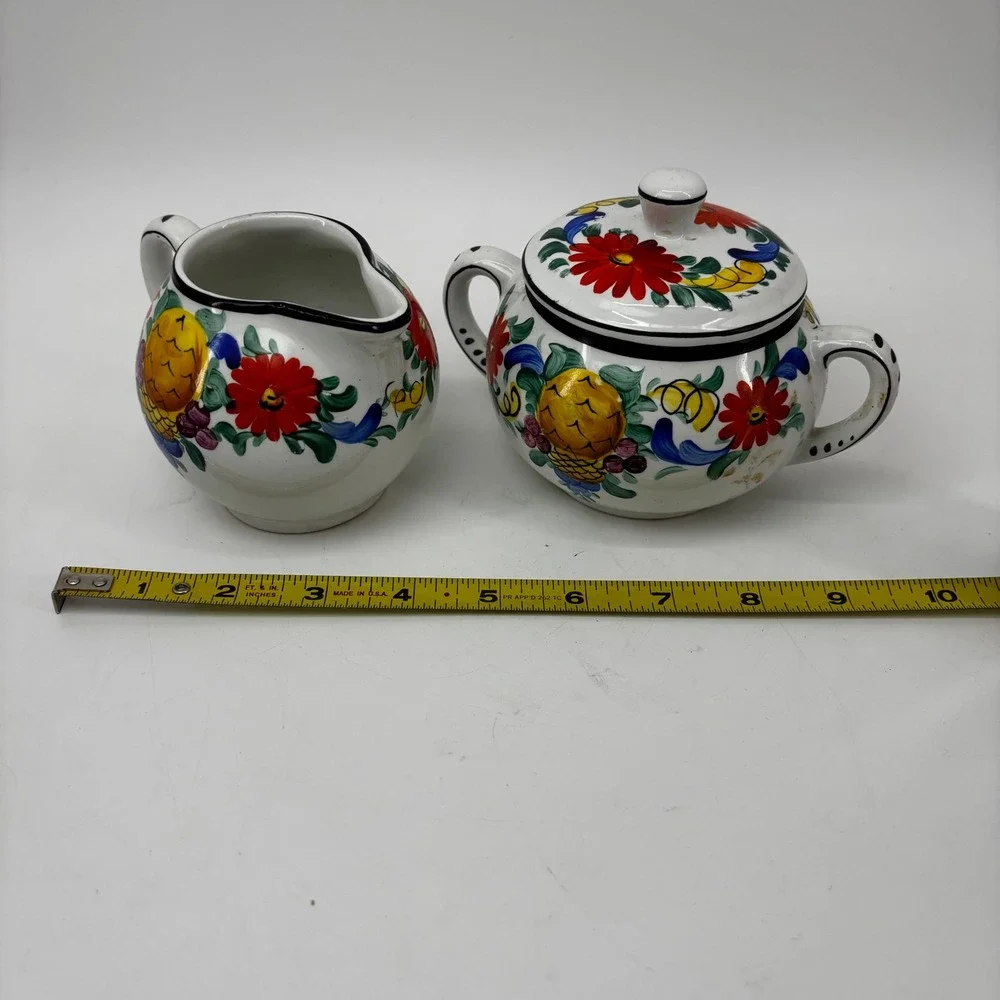 Vtg #1796 De Luxe H. & N. Germany Hand Painted Ceramic Creamer Sugar Majolica